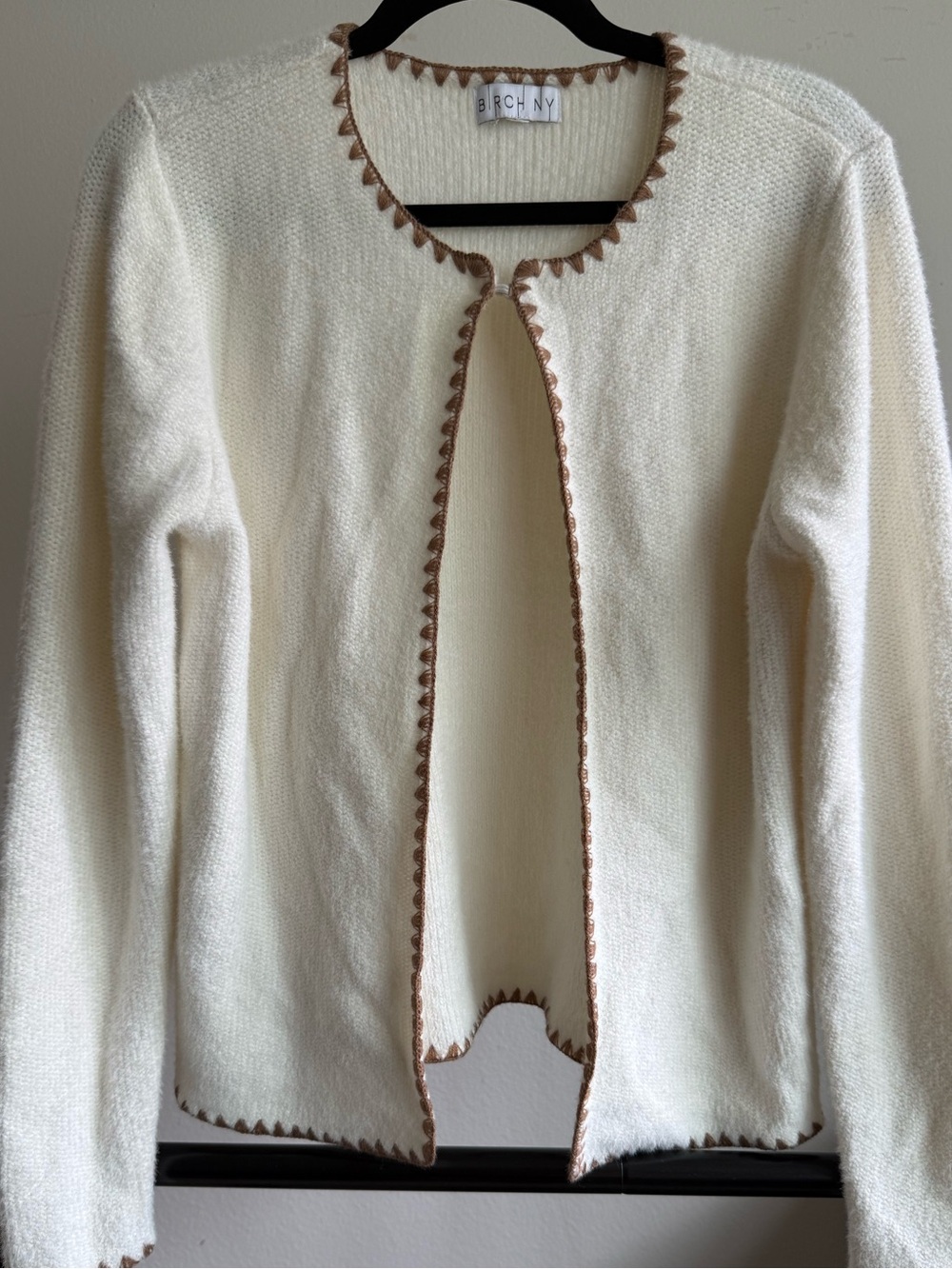 Birch NY Ivory Brown Blanket Stitch Cardigan Size M/L